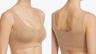 crop top style beige bra shown on model front and back