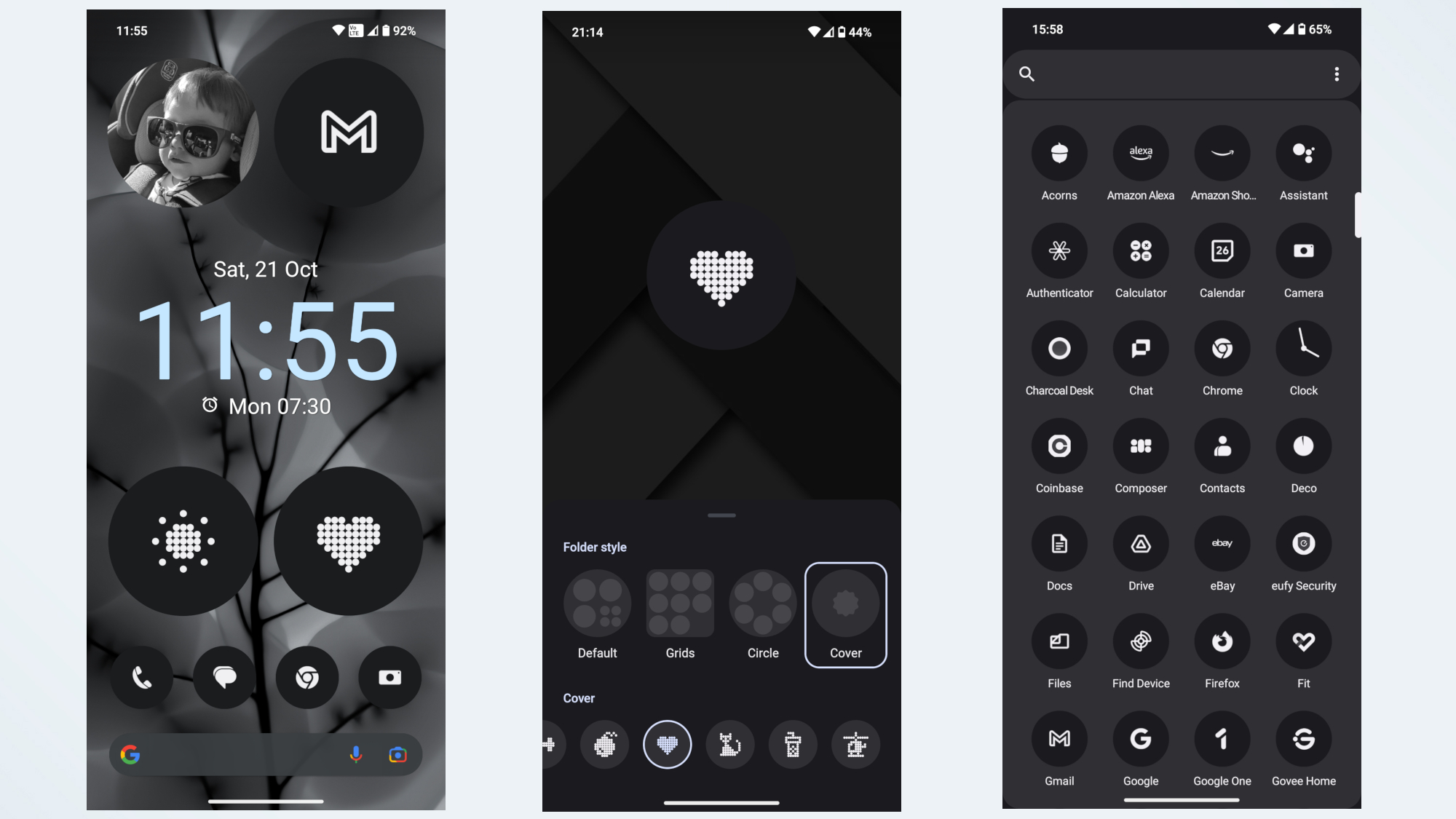 Una serie de capturas de pantalla que muestran cómo tengo configurada la pantalla de inicio y los iconos de las aplicaciones en el Nothing Phone (2)