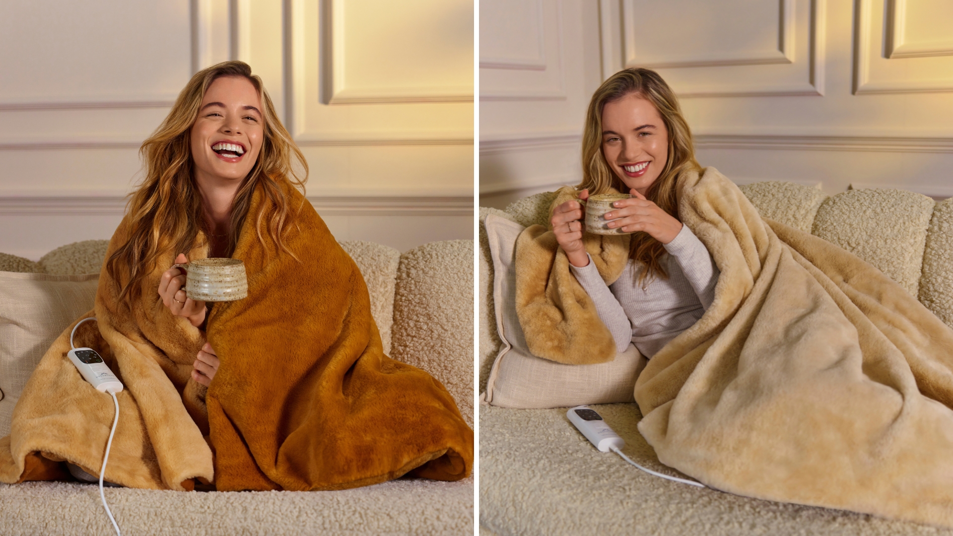 Dreamland Caf&amp;eacute; Collection Electric Blankets being worn by a woman, snuggled up on the soca