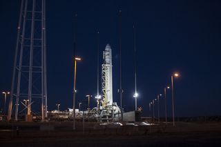 An Orbital Sciences Corp. Antares rocket is seen on launch Pad-0A at NASA's Wallops Flight Facility on Jan. 6, 2014 in advance of a planned Jan. 8 launch in Wallops Island, Va.