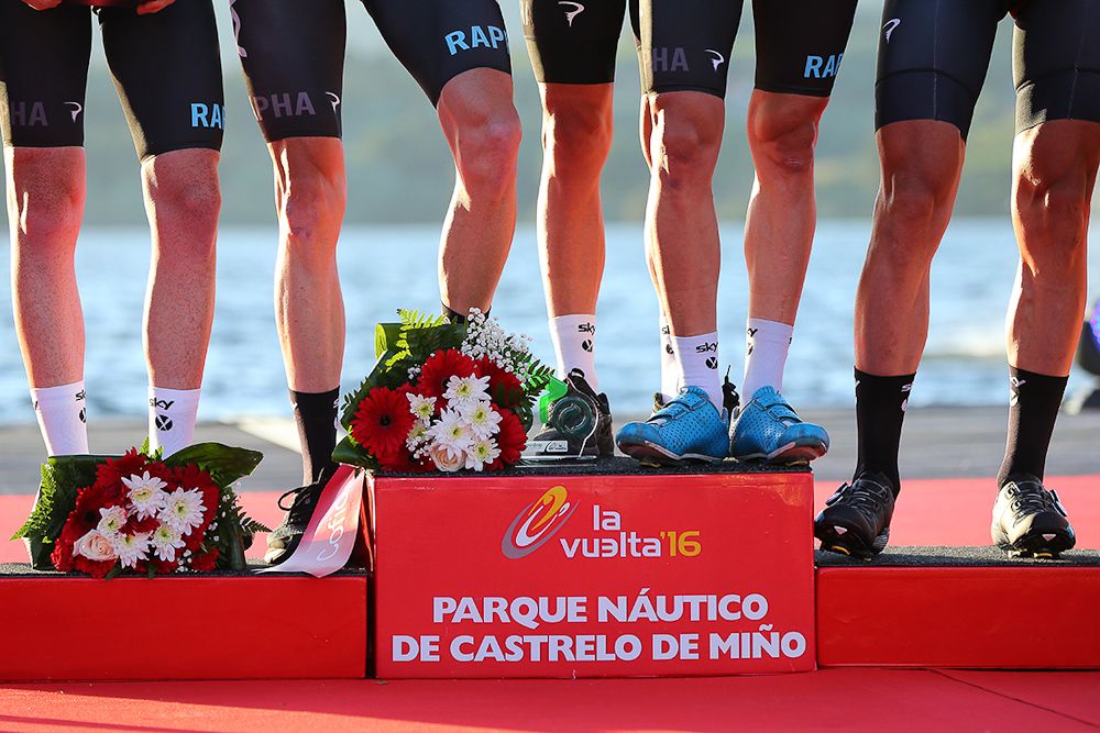 Team Sky riders celebrate on the Vuelta's stage 1 podium.