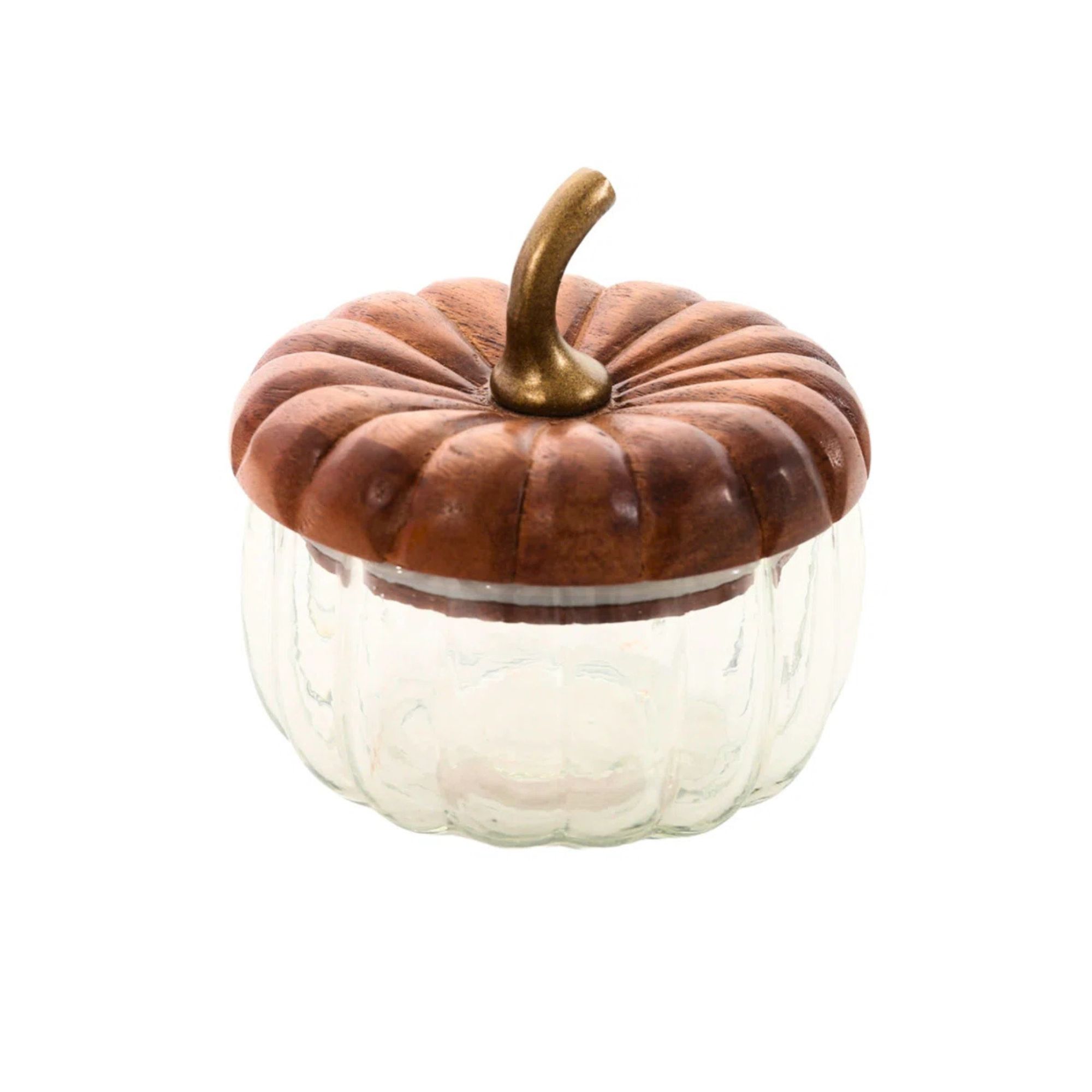 A glass storage jar with a wooden li in the shape of a pumpking