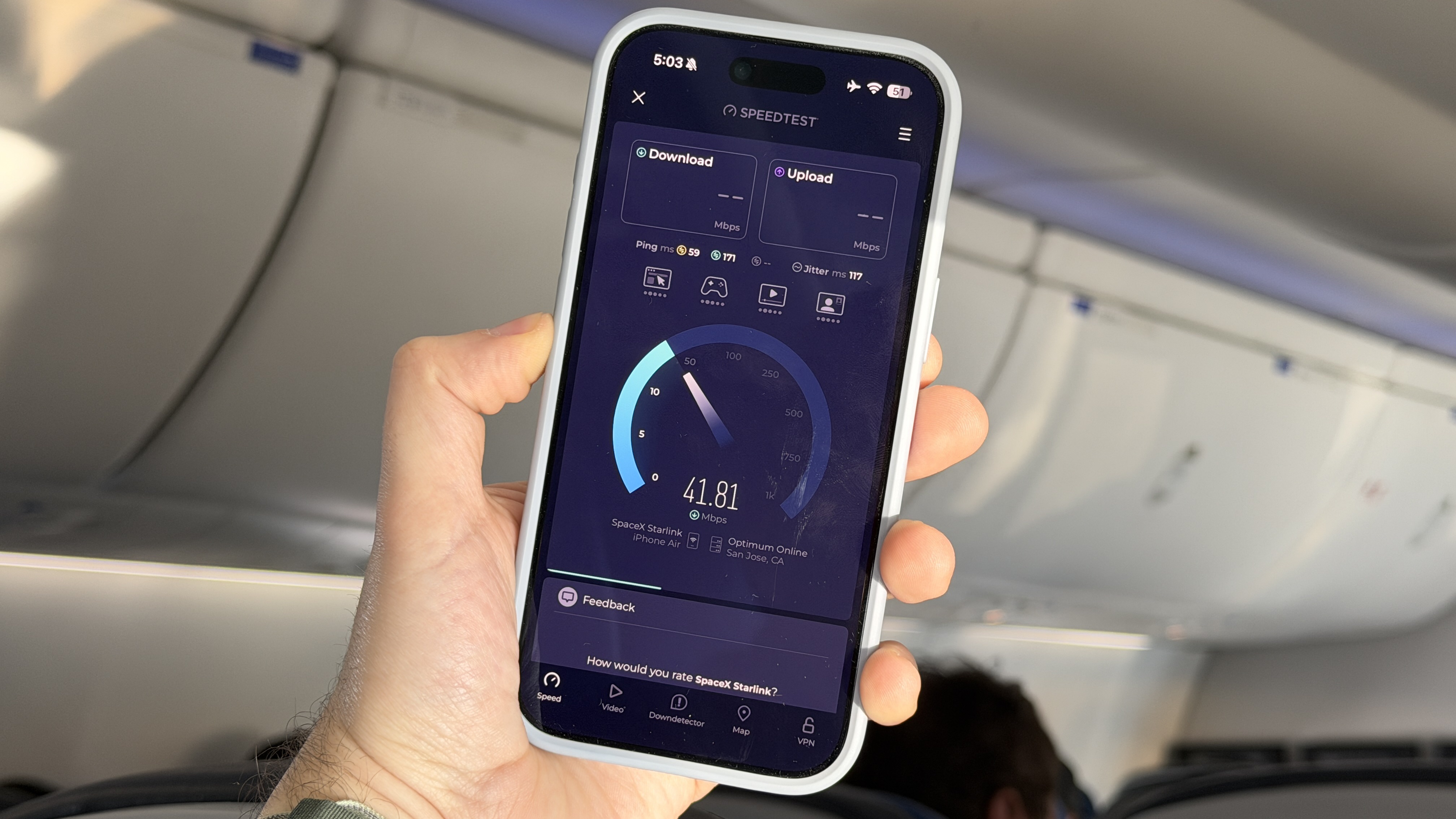 Speed test on iPhone Air on United Airlines Starlink