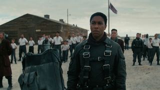 Maximus (Aaron Moten) standing on parade in his Squire gear in the Fallout TV Show