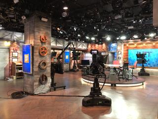   Studio 1 is set up with seven cameras: four hard, a Steadicam, a jib and a robotically operated PTZ camera   