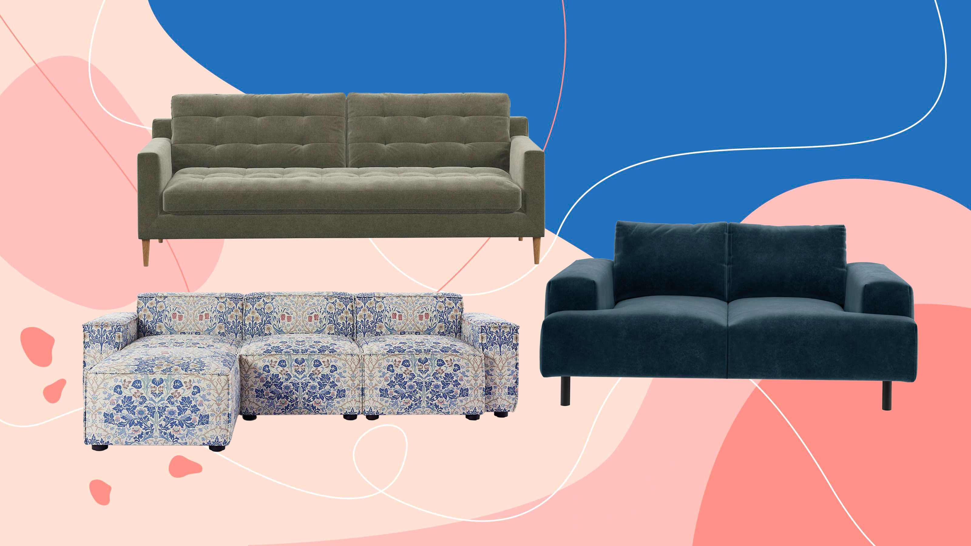 John Lewis Draper II Large 3 Seater Sofa, Habitat Julien Velvet 2 Seater Sofa and Swyft Model 03 3-Seater Left Chaise Sofa on a graphic pink and blue background