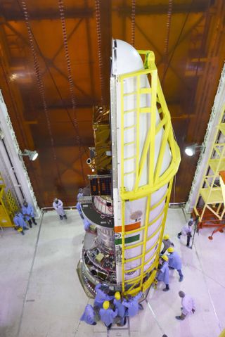 Brazil's Amazonia-1 satellite is seen during launch preparations for its Polar Satellite Launch Vehicle by the India Space Research Organisation.