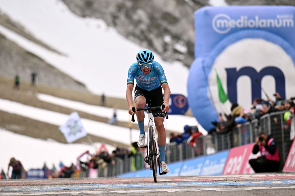 GRAN SASSO DITALIA CAMPO IMPERATORE ITALY MAY 12 Davide Bais of Italy and Team EOLOKometa celebrates at finish line as stage winner during the 106th Giro dItalia 2023 Stage 7 a 218km stage from Capua to Gran Sasso dItalia Campo Imperatore 2123m UCIWT on May 12 2023 in Gran Sasso dItalia Campo Imperatore Italy Photo by Stuart FranklinGetty Images