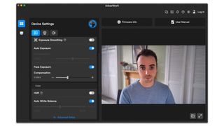 AnkerWork C310 webcam software user interface and image of a man