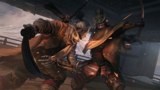 The Shinobi wolf duels viciously with a warrior in Sekiro: Shadows Die Twice.