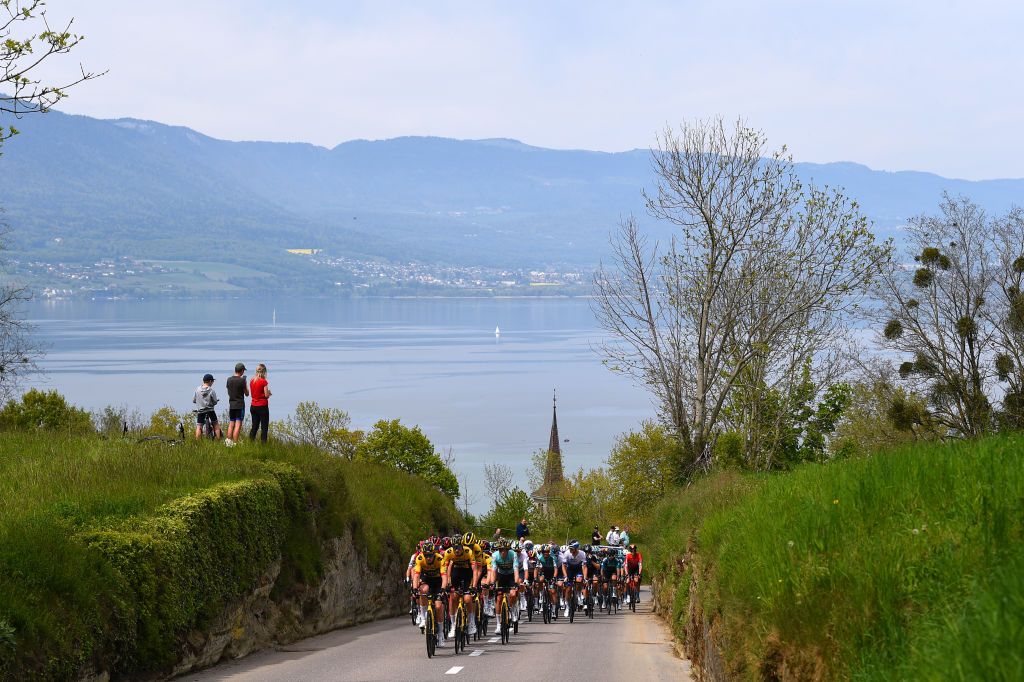 VALBROYE SWITZERLAND APRIL 29 A general view of the peloton competing during the 75th Tour De Romandie 2022 Stage 3 a 1651km stage from Valbroye to Valbroye TDR2022 on April 29 2022 in Valbroyeon Switzerland Photo by Dario BelingheriGetty Images