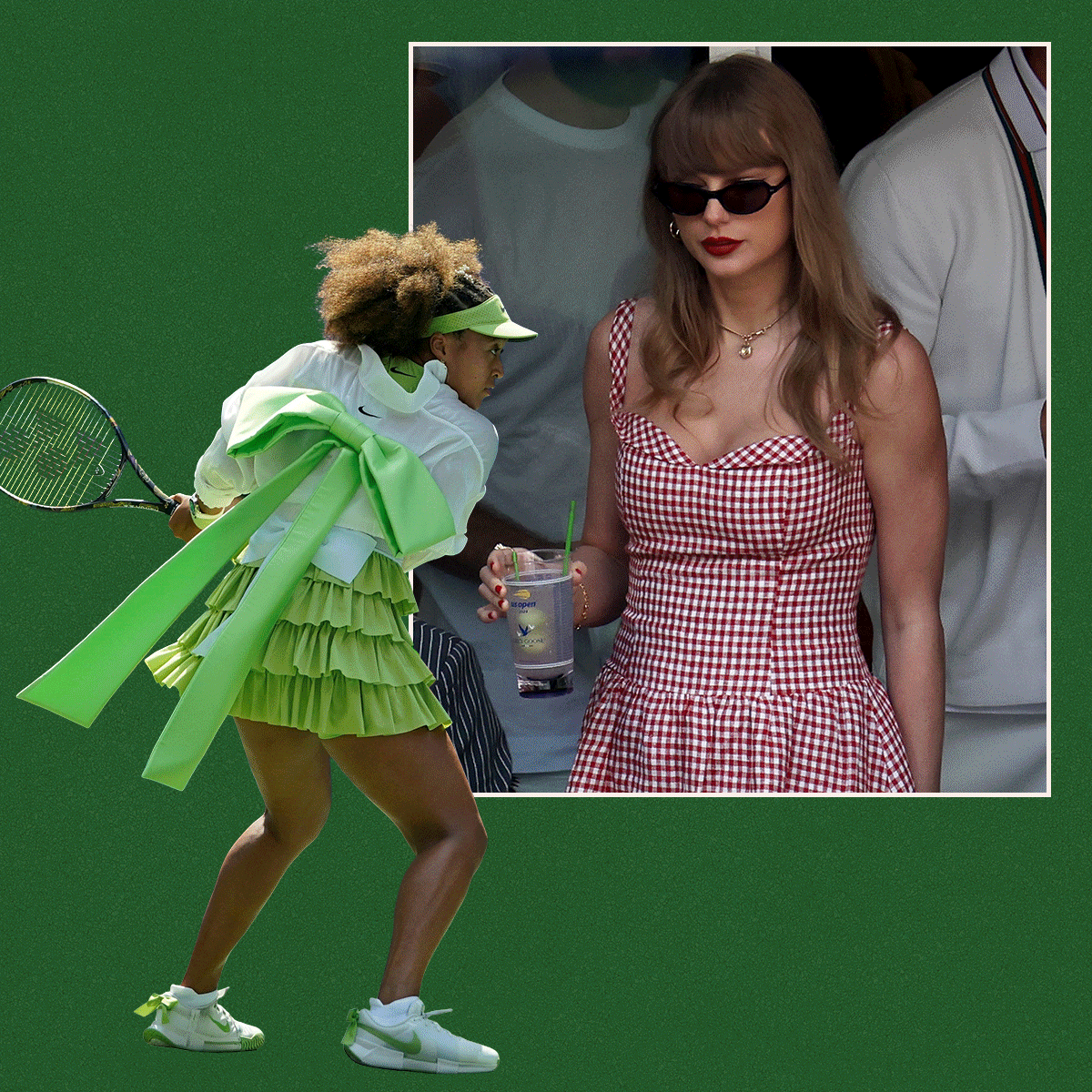 Photo collage of different tennis stars and celebrities at the US Open throughout the years.