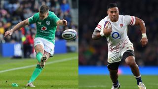 Johnny Sexton of Ireland converts a kickduring the Six Nations Rugby and Manu Tuilagi of England makes a break for it