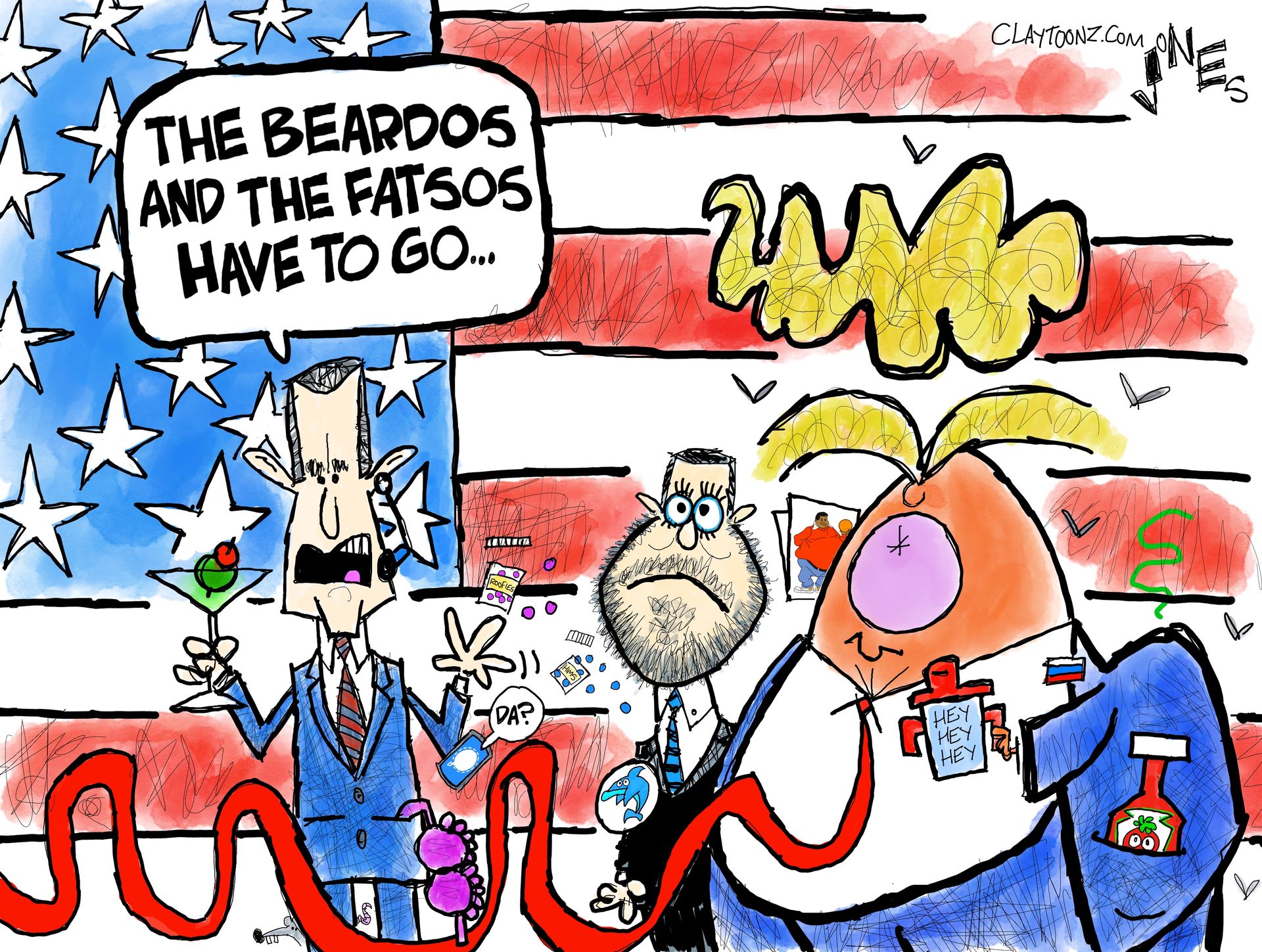 
                                This cartoon depicts Pete Hegseth, JD Vance, and Donald Trump in a wildly comic, mocking style. The three stand in front of an American flag. Hegseth holds a martini glass and says, “The beardos and the fatsos have to go…” The bearded Vance and heavyset Trump look worried. 
                            
