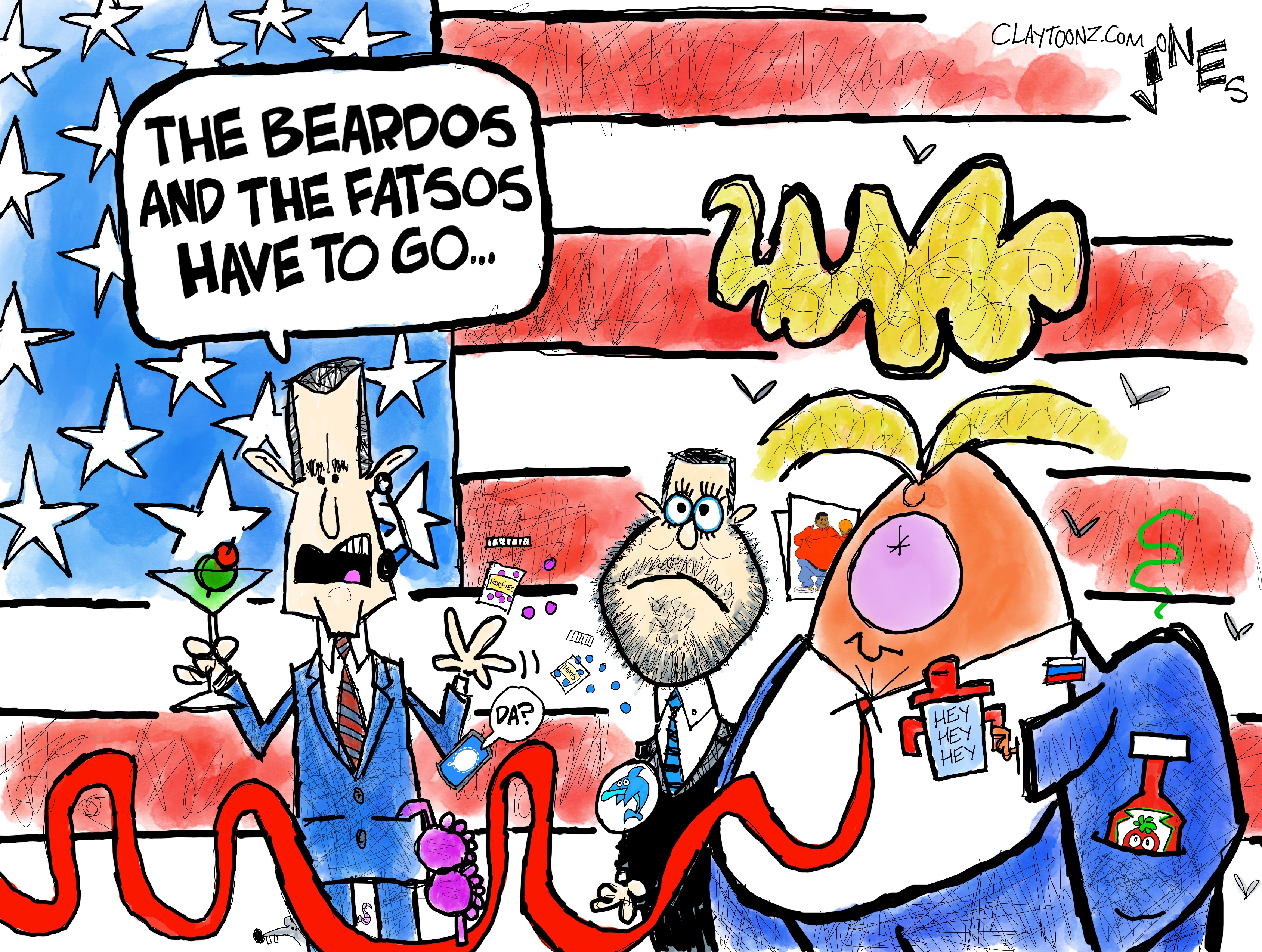 This cartoon depicts Pete Hegseth, JD Vance, and Donald Trump in a wildly comic, mocking style. The three stand in front of an American flag. Hegseth holds a martini glass and says, &amp;ldquo;The beardos and the fatsos have to go&amp;hellip;&amp;rdquo; The bearded Vance and heavyset Trump look worried.