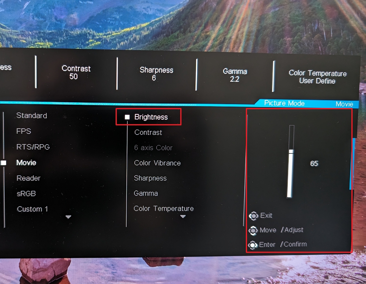 Monitor OSD menu for brightness