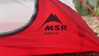 MSR Hubba NX tent, detail of MSR logo on flysheet