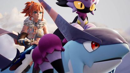 Palworld 1.0 trailer screenshot shows a girl with ginger hair, riding on the back of a pal.