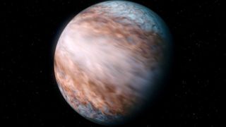 A gas giant in space with a fast-spinning equator that looks blurred in the image