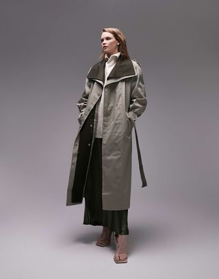 Topshop Tailored Double Layered Funnel Neck Trench in Sage