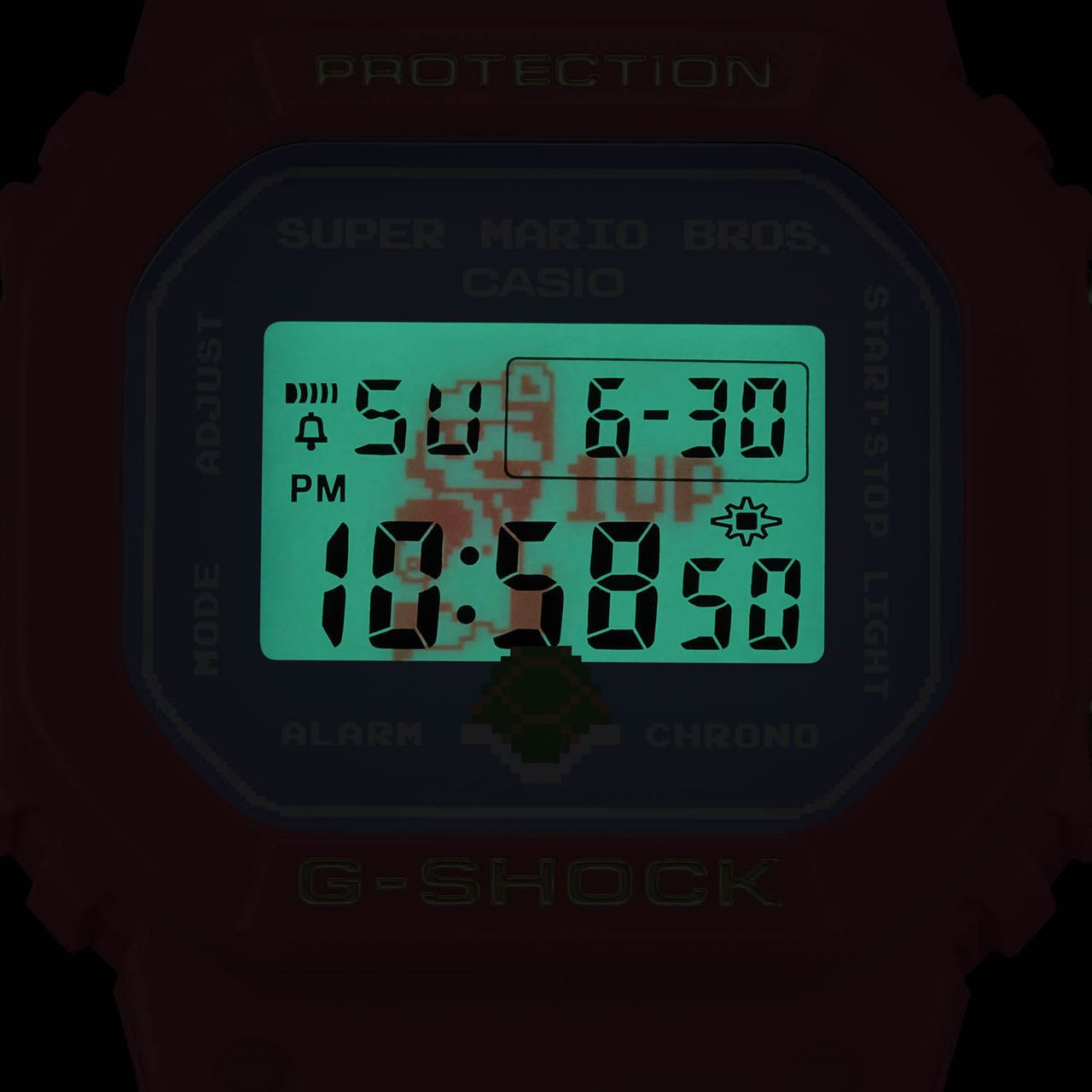 The backlight on the Casio G-Shock x Super Mario Bros watch, featuring an 8-bit Mario ghost behind the time