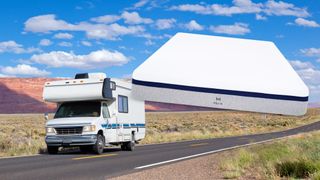 An RV on the road in Utah, with a Helix Midnight mattress overlaid