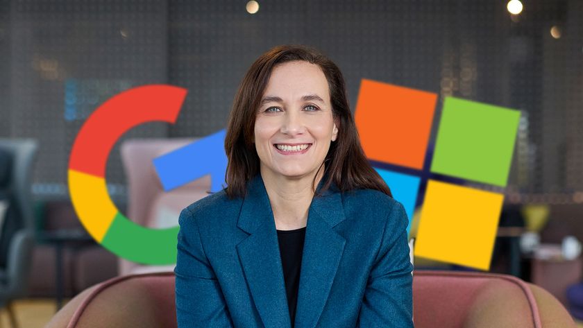 Hayete Gallot sits on a sofa at Google's offices with Google and Microsoft logos superimposed behind her