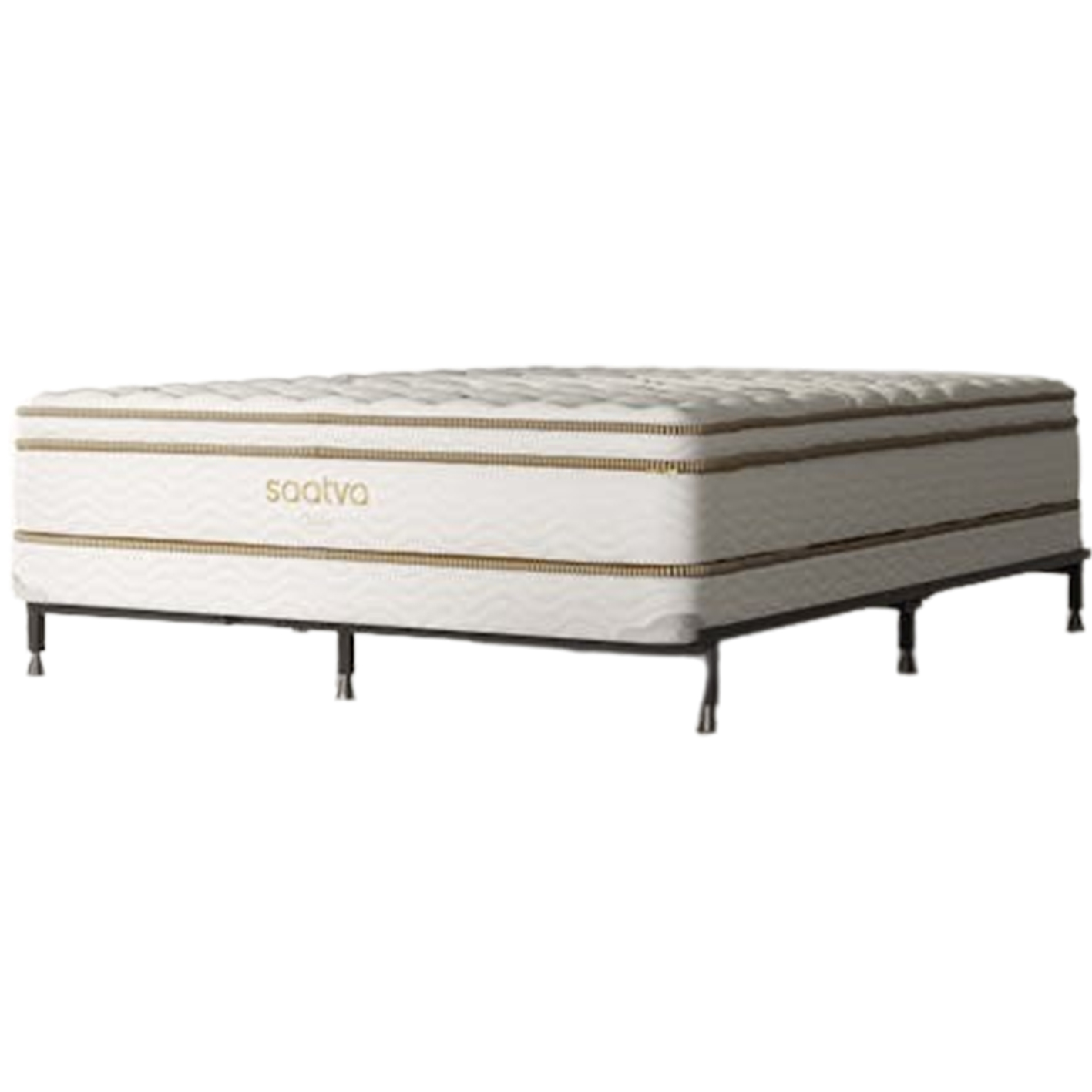 The Saatva Classic Mattress placed on a black steel frame on a white background