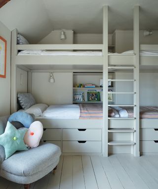 built in bunk beds for 4 in netural paint colour and built in drawers below