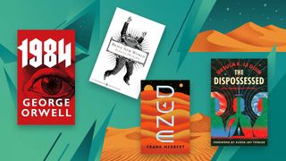 A selection of science fiction novels on a colorful background.