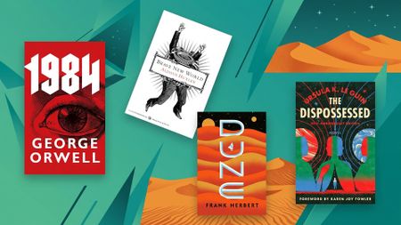 A selection of science fiction novels on a colorful background.