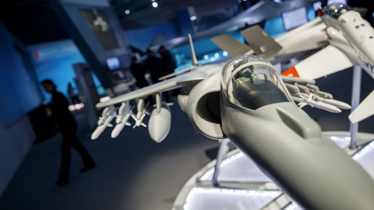 A Harrier AW-8B scale-model is displayed at the BAE Systems showroom during the Farnborough Airshow