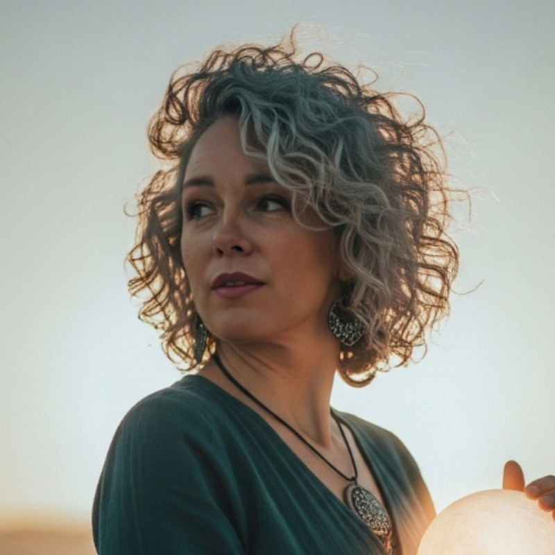 woman looking off camera with a blurred sky view behind her