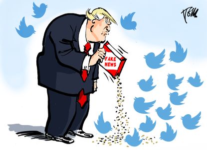 Political cartoon U.S. Trump tweets fake news