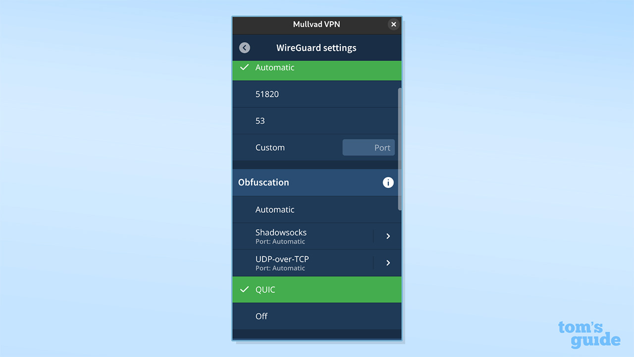 Mullvad VPN image of Obfuscation settings and the QUIC protocol selected