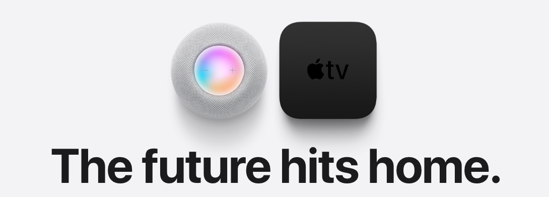 HomePod mini and Apple TV 4K shown side by side on Apple's website