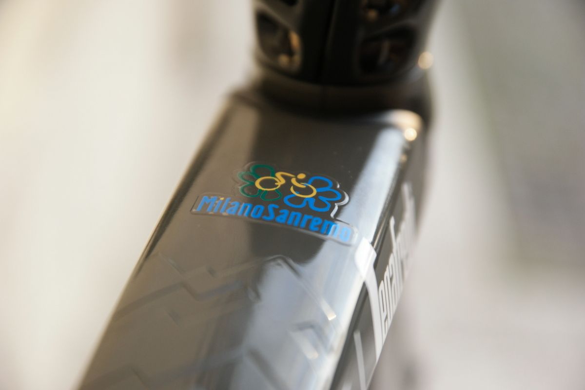 The Milan-San Remo logo on Cancellara's top tube
