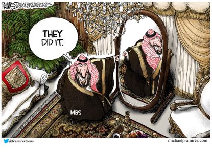 Political cartoon world Saudi Arabia Crown Prince Mohammed bin Salman Jamal Khashoggi murder blame