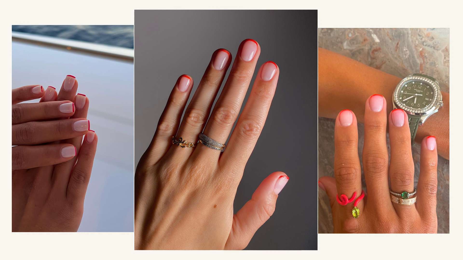 Photo collage of spicy red French manicures 