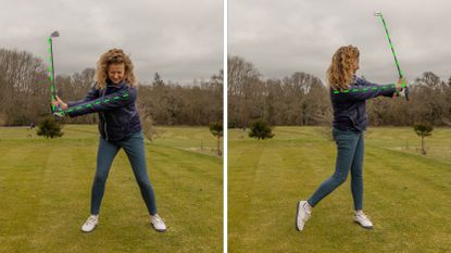 PGA pro Katie Dawkins hitting a pitch shot on a golf course