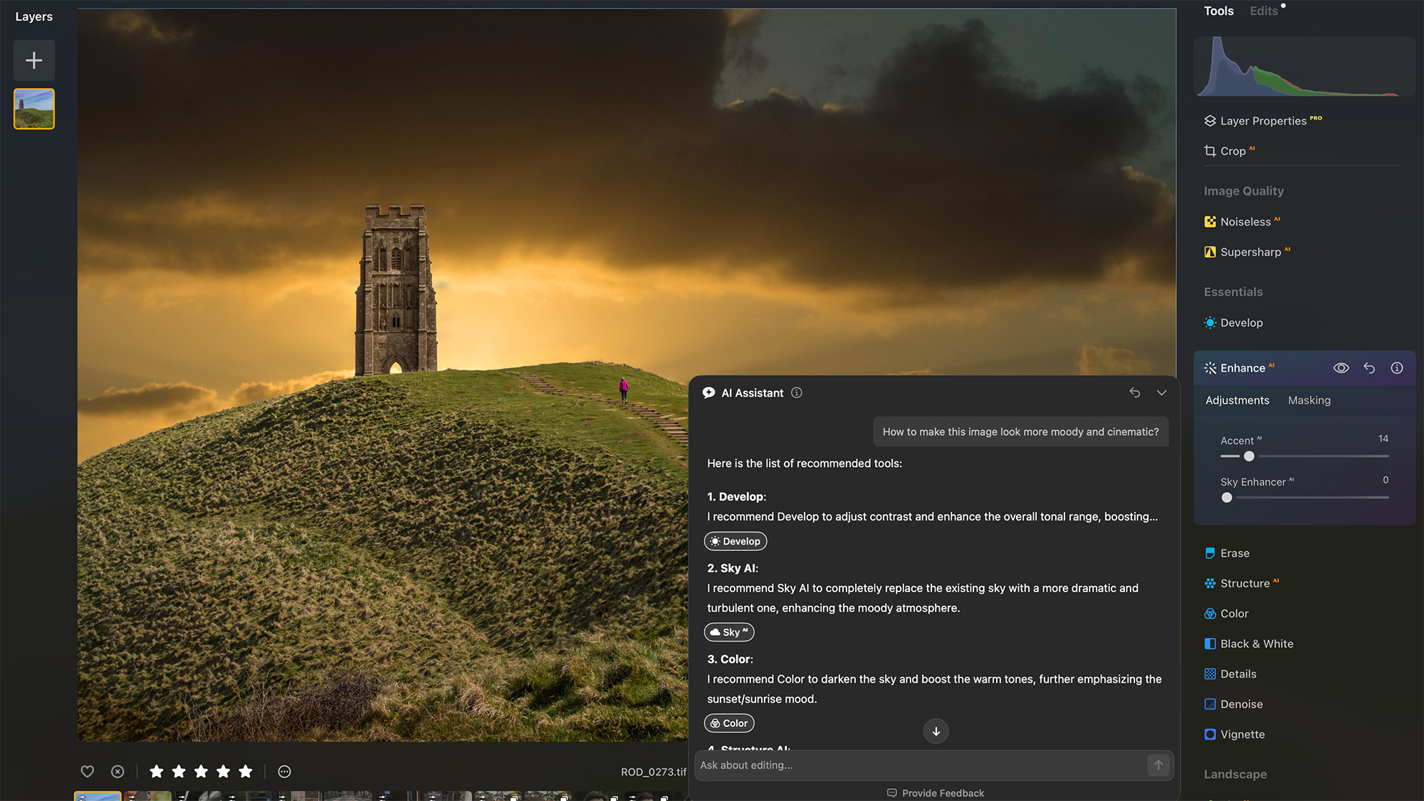 Luminar Neo screenshot showing historic building on hill with sunset sky