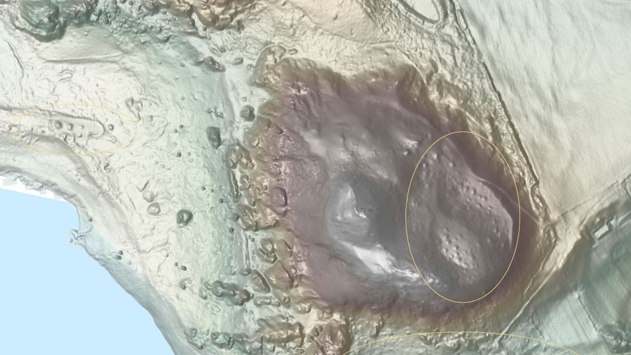 Aerial images of Kloster&oslash;y made with Lidar technology, which can reveal the landscape beneath vegetation, have revealed dozens of piles of rocks called cairns that may be the locations of Iron Age burials.