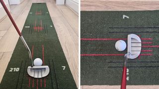 A putter and ball on a putting mat indoors