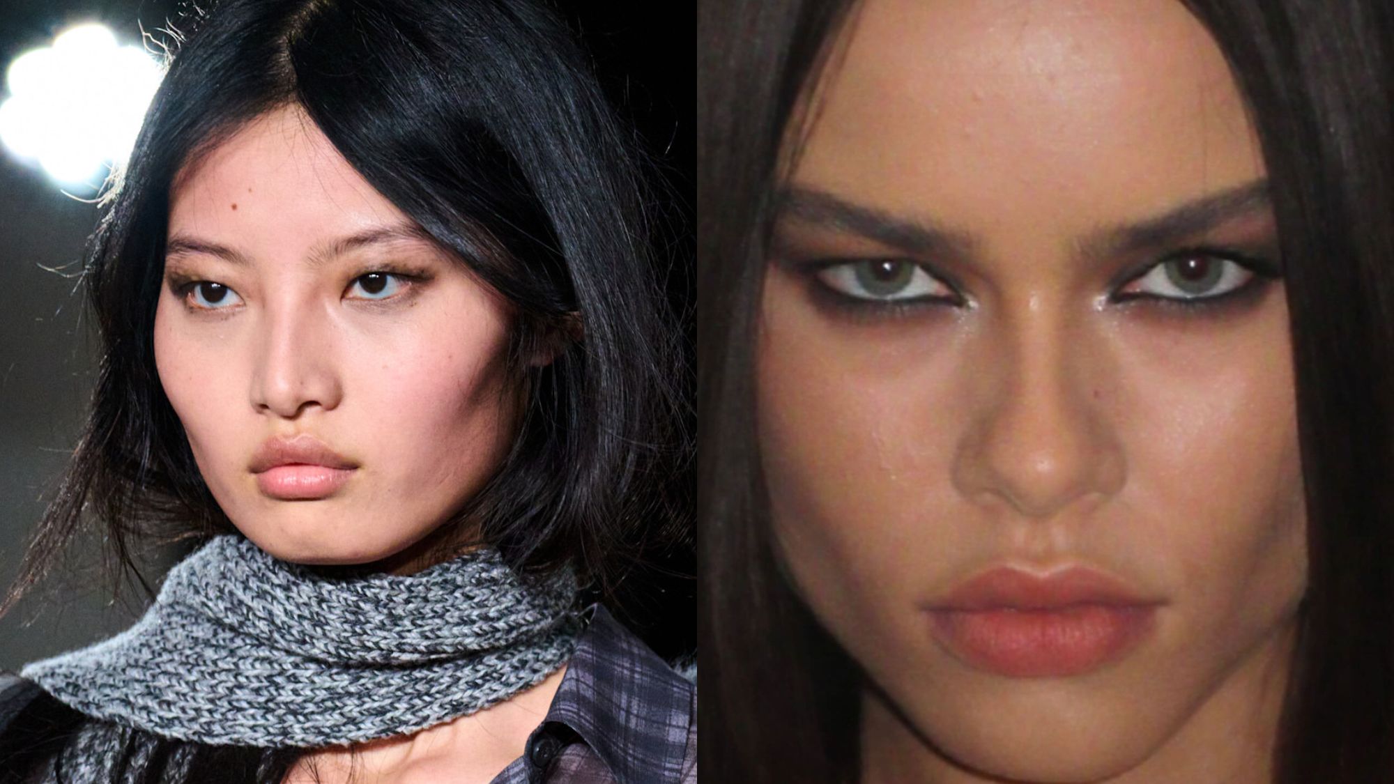 An image of a model walking in 7 For All Mankind and an image of makeup done by celebrity makeup artist Loftjet.