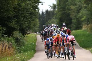 The pack of riders cycles during the 19th stage of the 110th edition of the Tour de France cycling race 173 km between MoiransenMontagne and Poligny in the Jura department of centraleastern France on July 21 2023 Photo by AnneChristine POUJOULAT AFP Photo by ANNECHRISTINE POUJOULATAFP via Getty Images