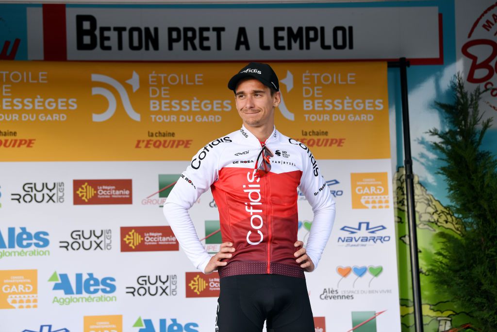 ROUSSON FRANCE FEBRUARY 03 Bryan Coquard of France and Team Cofidis celebrates winning the second stage on the podium ceremony after the 52nd toile De Bessges Tour Du Gard 2022 Stage 2 a 156km stage from SaintChristollesAls to Rousson 304m EtoiledeBesseges EDB2022 on February 03 2022 in Rousson France Photo by Luc ClaessenGetty Images