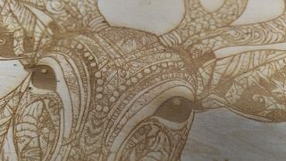 xTool P2 review; a close up of an engraved image on wood