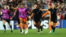 Niamh Charles, Khiara Keating, Michelle Agyemang and Leah Williamson of England celebrate after the teams victory and progression to the final following the UEFA Women's EURO 2025 Semi-Final match between England and Italy