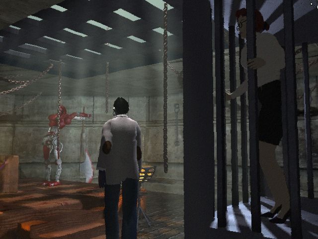 A man in a dungeon facing away from an imprisoned woman