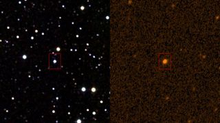 a split image with red squares around a central dot. there are many other dots on the left. the right side has fewer and is covered in a hazy red.